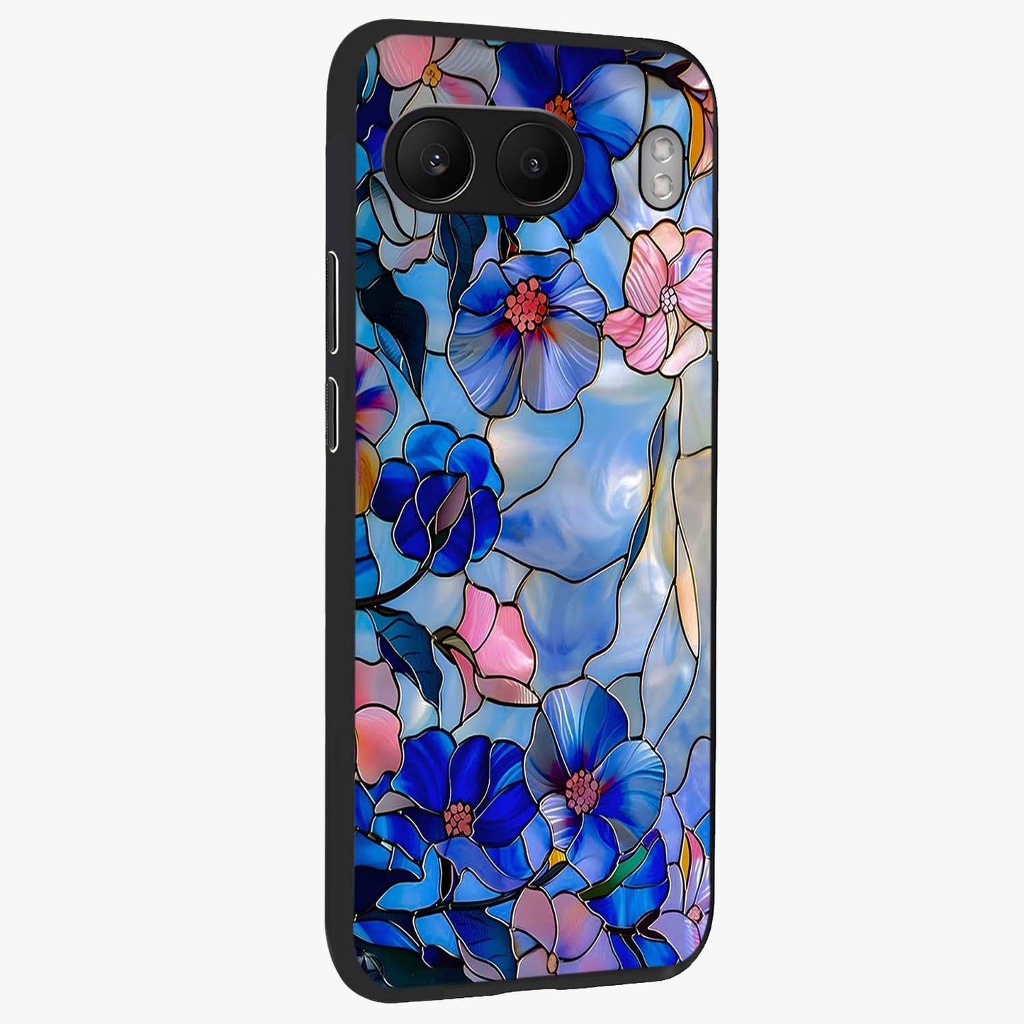 Eternal Floral Stained Glass Case for 1+Nord 4 side perspective highlighting colorful floral detailing and premium edge finish