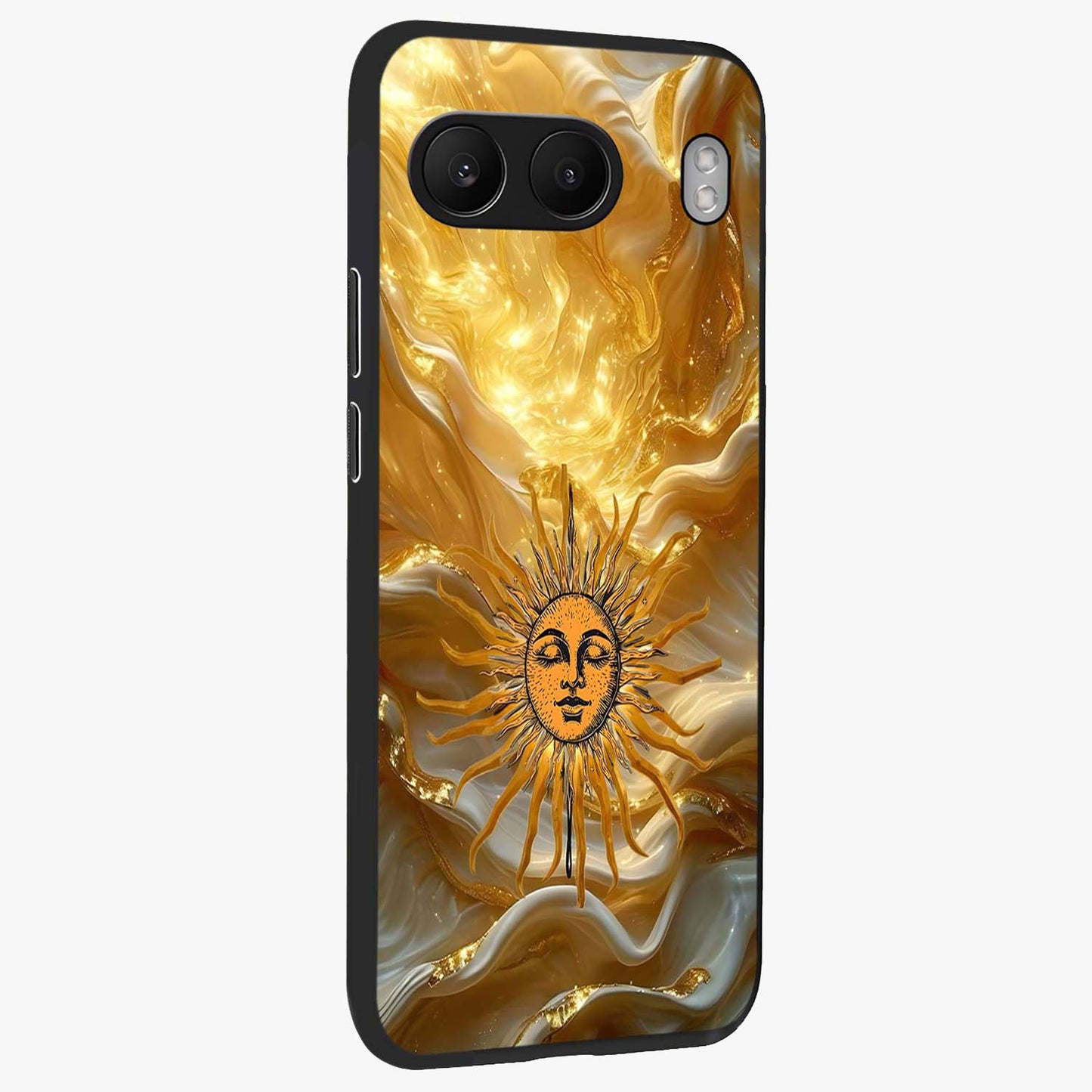 Eternal Golden Glow Glass Case for 1+Nord 4 side perspective highlighting rich glow detailing and premium edges