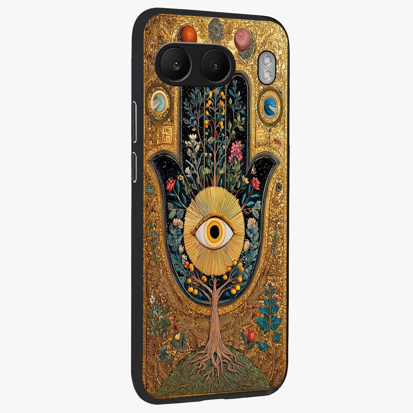 Ethereal Evil Eye Glass Case for 1+Nord 4 side perspective highlighting delicate protective detailing and smooth edges