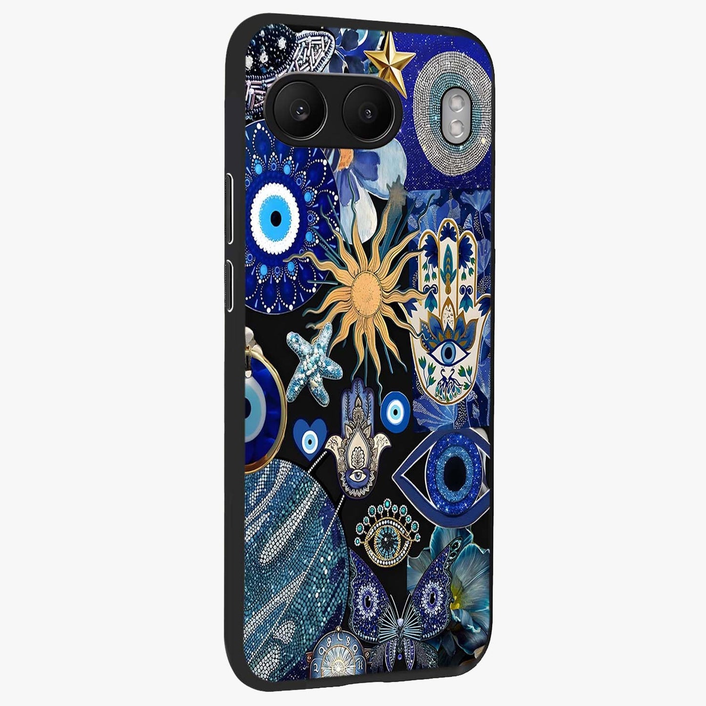 Evil Eye Charm Mix Glass Case for 1+Nord 4 side perspective highlighting intricate charm detailing and smooth build