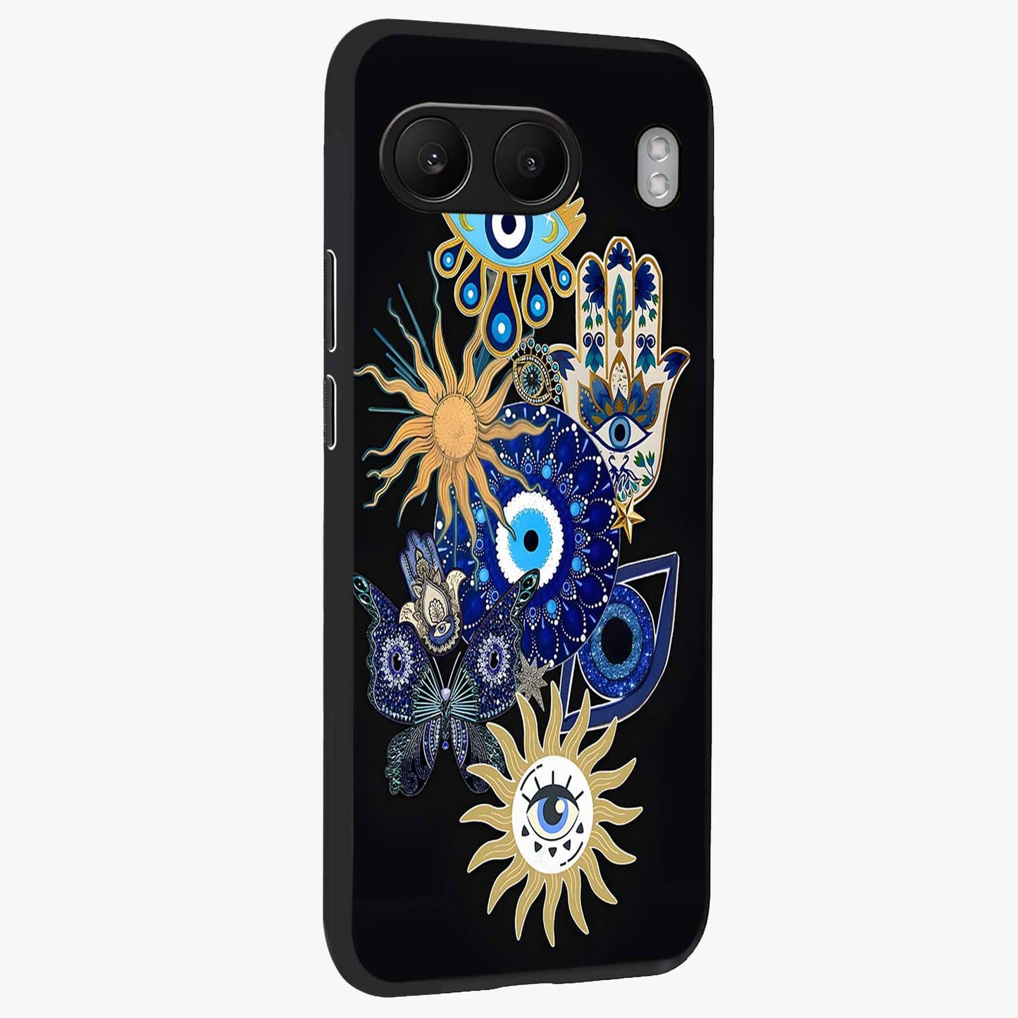Evil Eye Charm Vibes Glass Case for 1+Nord 4 side perspective highlighting vibrant textures and premium edge finish