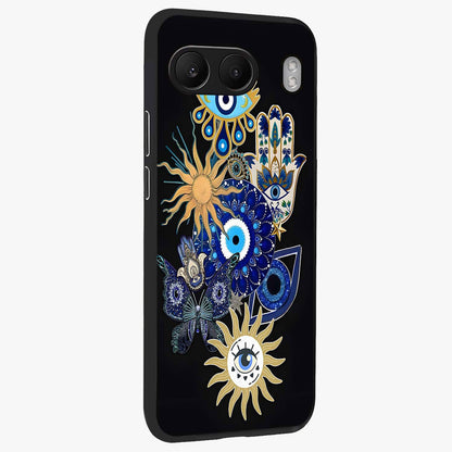 Evil Eye Charm Vibes Glass Case for 1+Nord 4 side perspective highlighting vibrant textures and premium edge finish