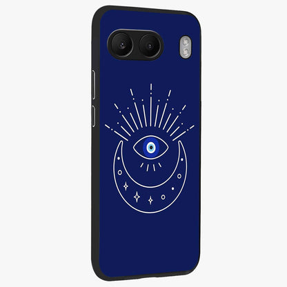 Evil Eye With Blue Themed Collage Glass Case for 1+Nord 4 side perspective highlighting bold collage detailing and smooth edges