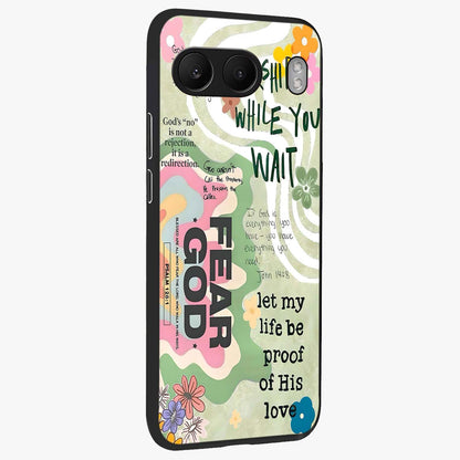Faith Over Fear Glass Case for 1+Nord 4 side perspective highlighting powerful text detailing and premium edges