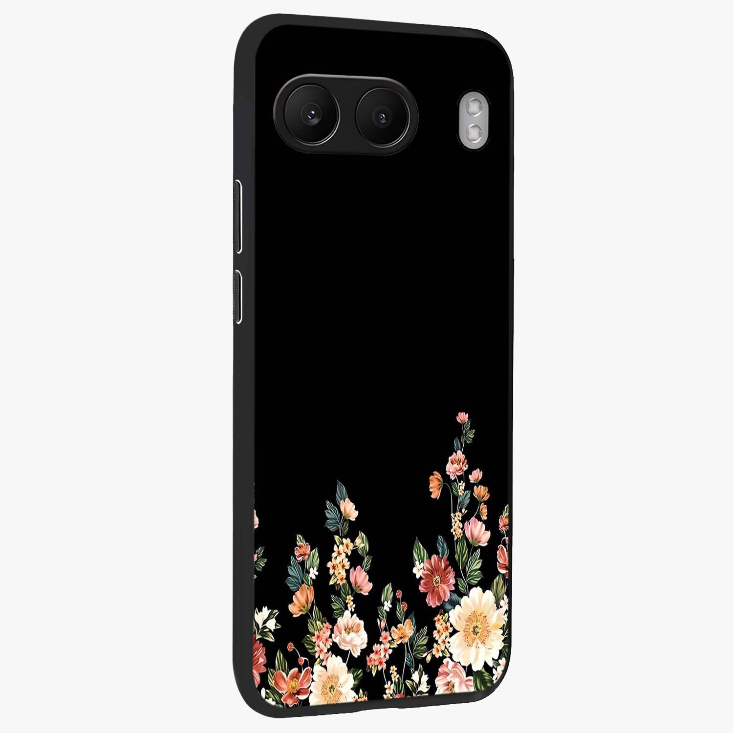 Floral Design With a Custom Personalized Name Glass Case for 1+Nord 4 side perspective highlighting custom typography and premium edges