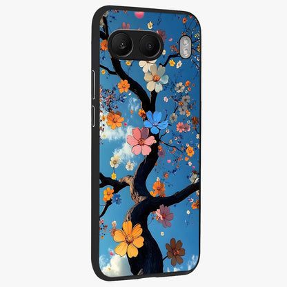 Floral Tree Glass Case for 1+Nord 4 side perspective highlighting vibrant floral patterns and sleek edges