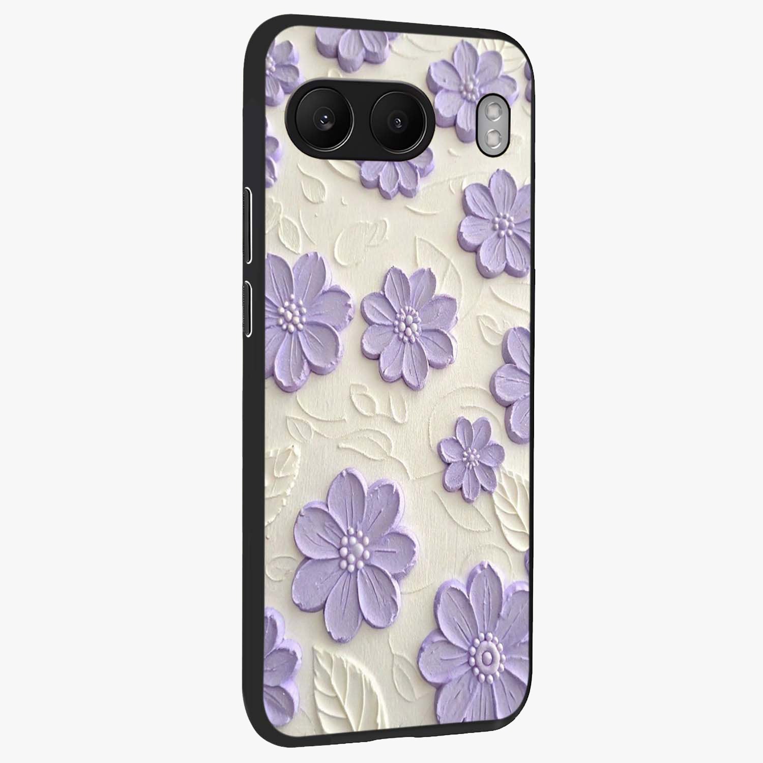 Floral Wall Art With Purple Flowers Glass Case for 1+Nord 4 side perspective highlighting delicate bloom details and premium build