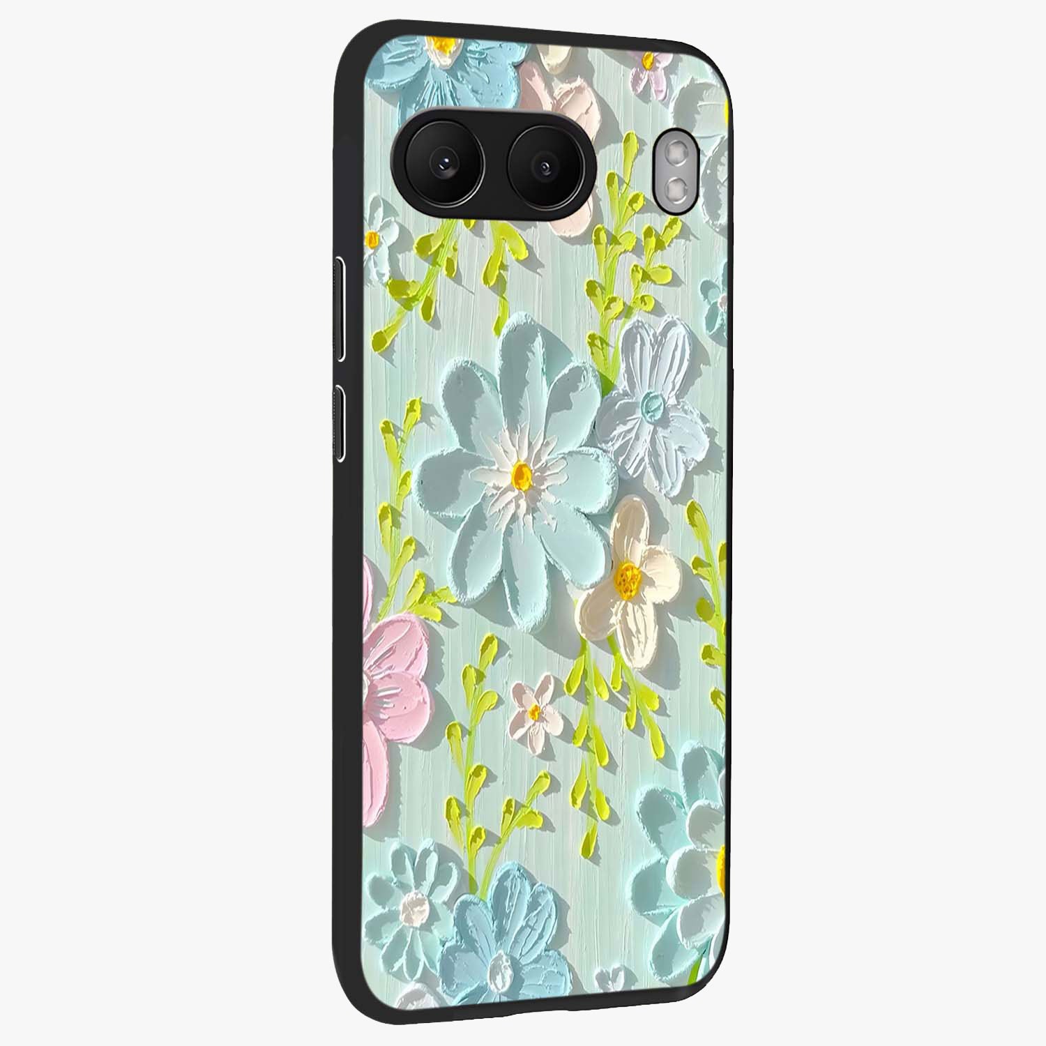 Frosted Petal Garden Glass Case for 1+Nord 4 side perspective highlighting subtle petal textures and sleek premium build