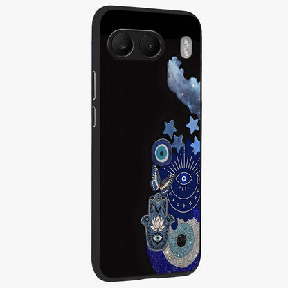 Galactic Charm Cluster Glass Case for 1+Nord 4 side perspective highlighting glowing textures and premium edge finish