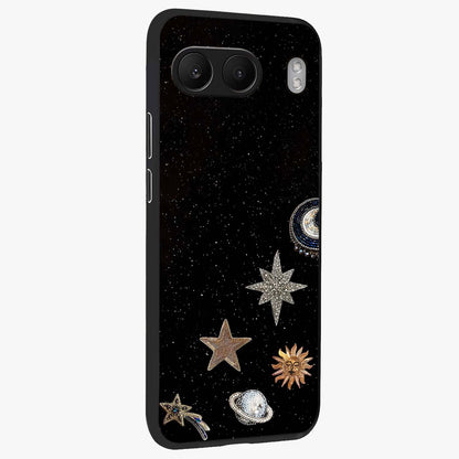 Galactic Charm Glow Glass Case for 1+Nord 4 side perspective highlighting vibrant star detailing and sleek premium edges
