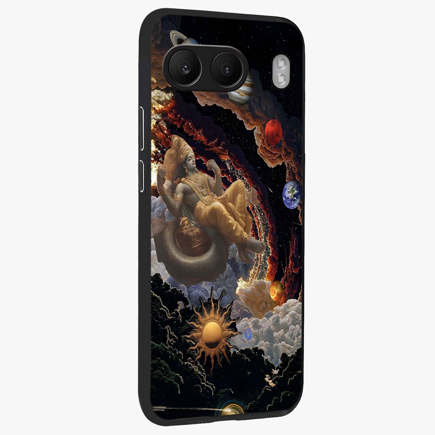 Galactic Divine God Glass Case for 1+Nord 4 side perspective highlighting intricate divine detailing and premium edge finish
