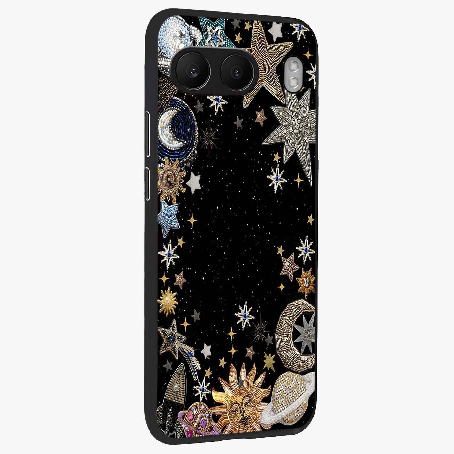 Galactic Jewel Stars Glass Case for 1+Nord 4 side perspective highlighting shimmering textures and premium edges