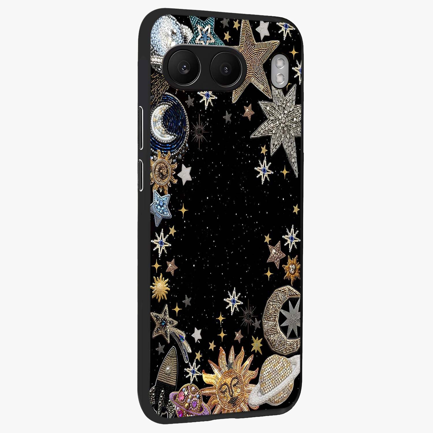 Galactic Jewel Stars Glass Case for 1+Nord 4 side perspective highlighting shimmering textures and premium edges