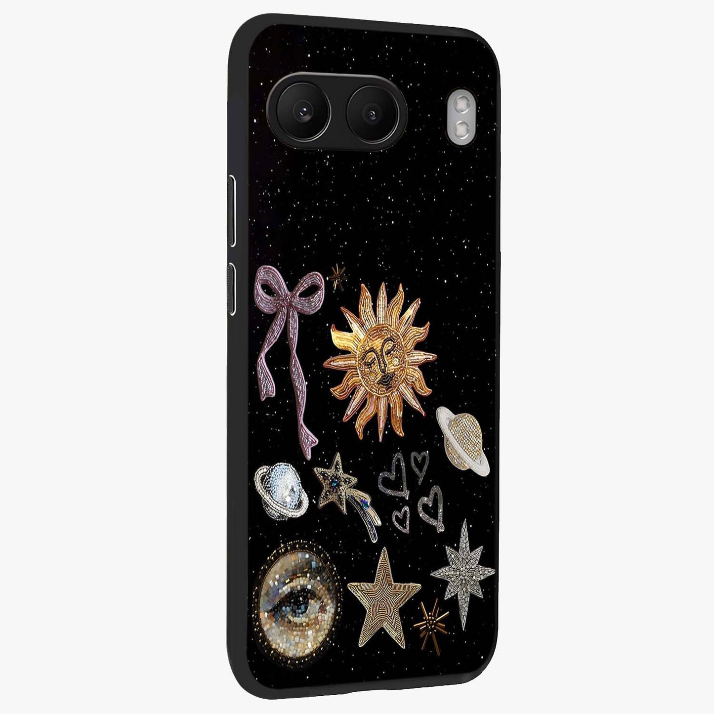 Galactic Sun Charm Glass Case for 1+Nord 4 side perspective highlighting glowing sun detailing and premium edge finish