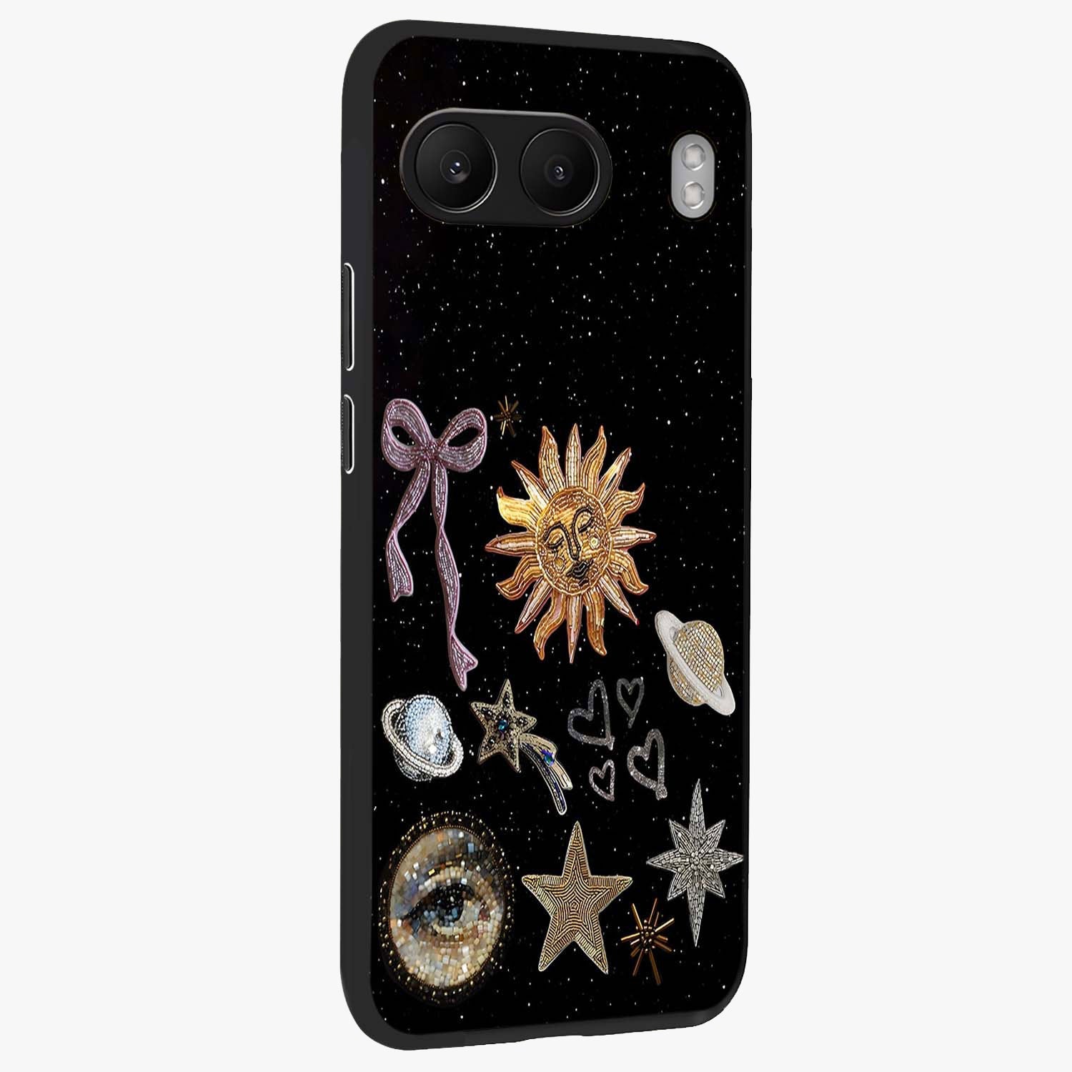 Galactic Sun Charm Glass Case for 1+Nord 4 side perspective highlighting glowing sun detailing and premium edge finish