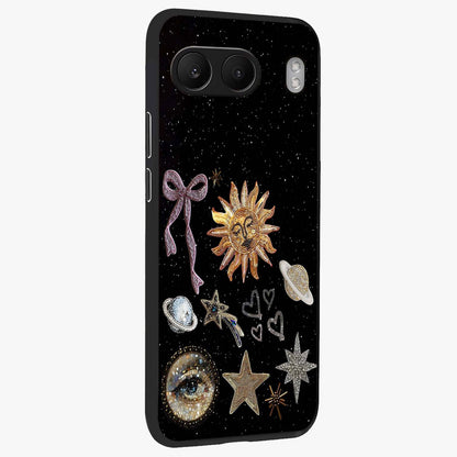 Galactic Sun Charm Glass Case for 1+Nord 4 side perspective highlighting glowing sun detailing and premium edge finish