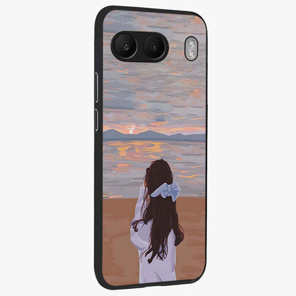 Girl Facing Sunset Beach Glass Case for 1+Nord 4 side perspective highlighting calming sunset gradients and smooth edges