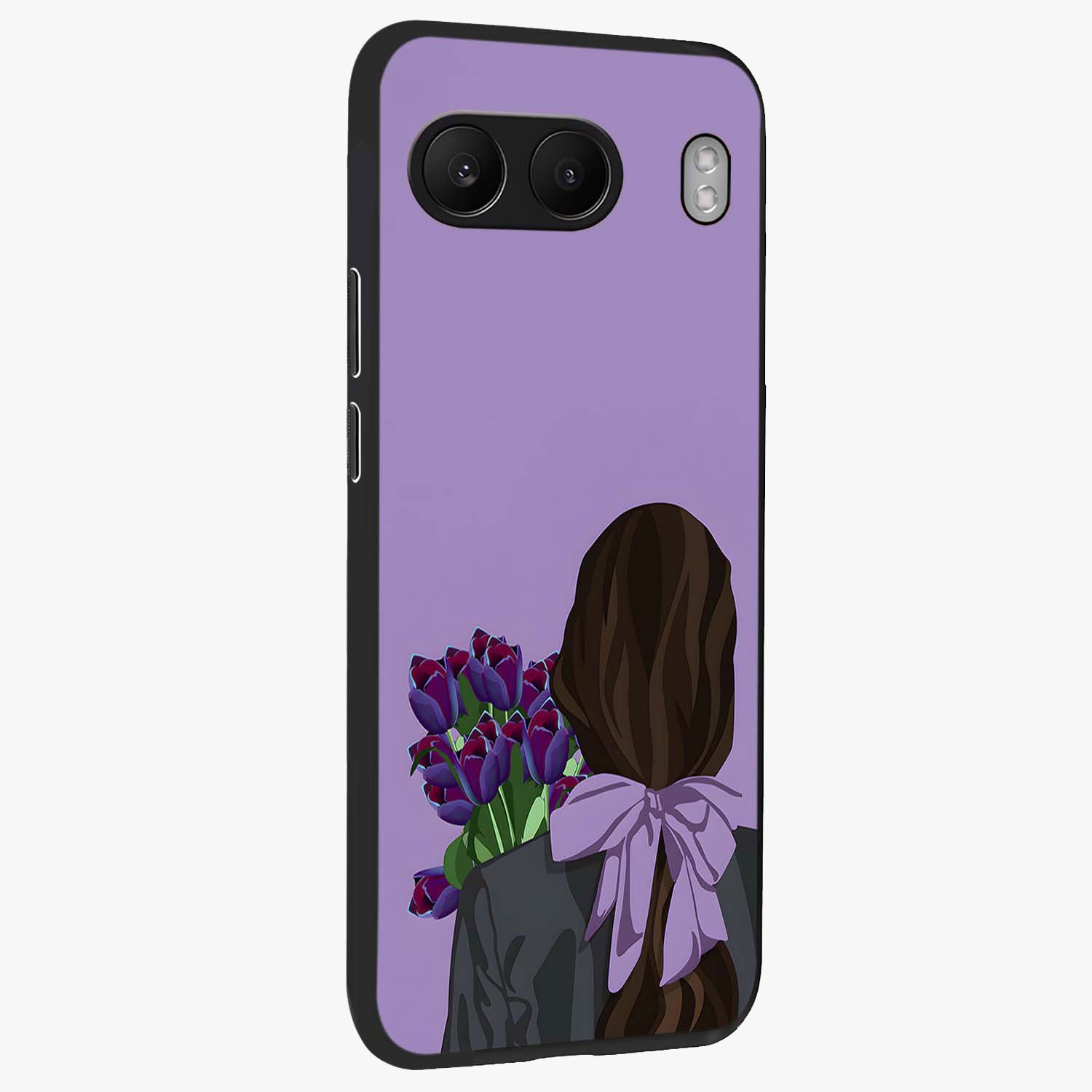 Girl Holding Flowers Glass Case for 1+Nord 4 side perspective highlighting delicate floral detailing and premium edges