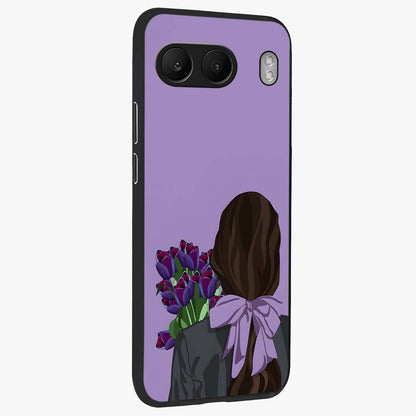 Girl Holding Flowers Glass Case for 1+Nord 4 side perspective highlighting delicate floral detailing and premium edges