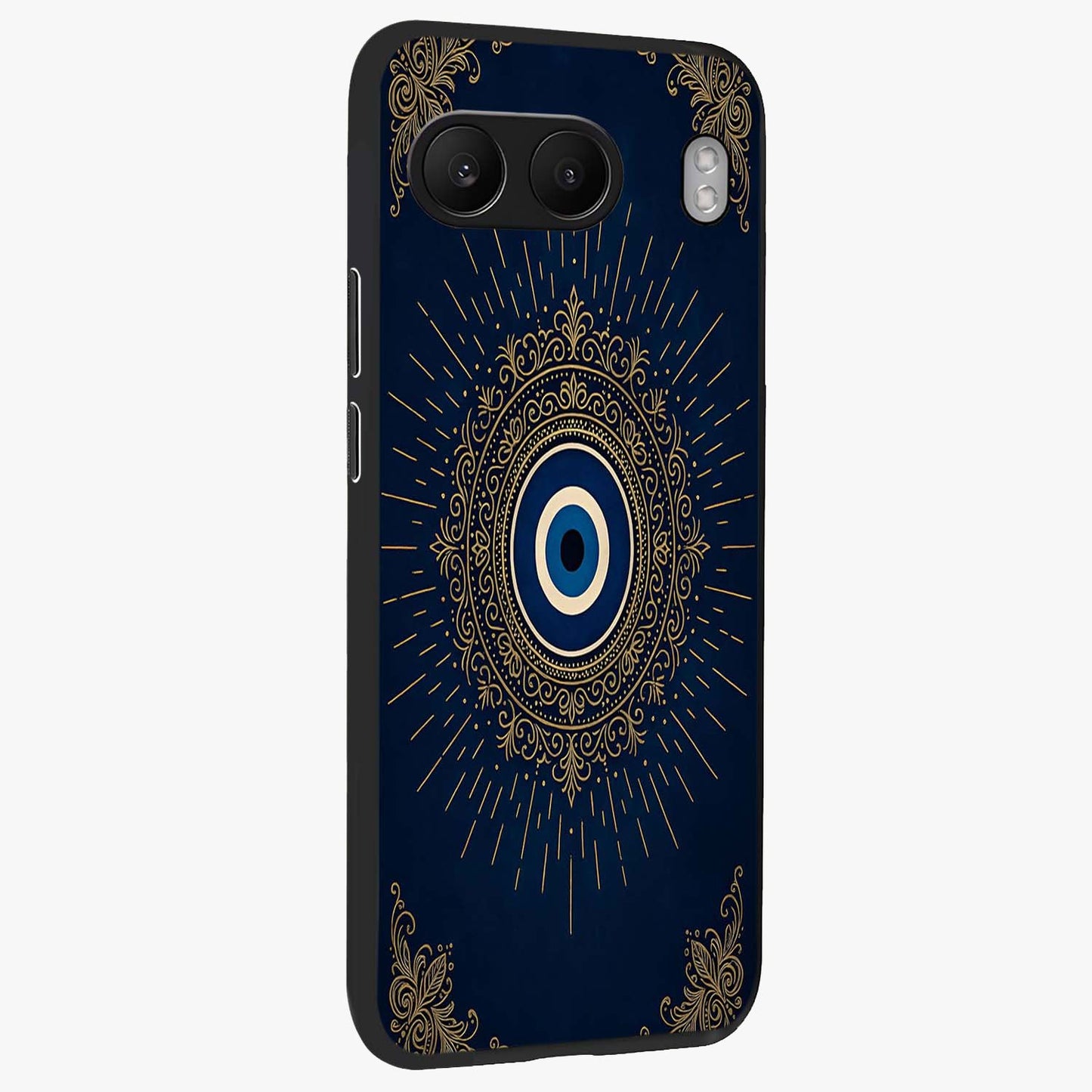 Golden Evil Eye Mandala Glass Case for 1+Nord 4 side perspective highlighting rich textures and sleek premium build