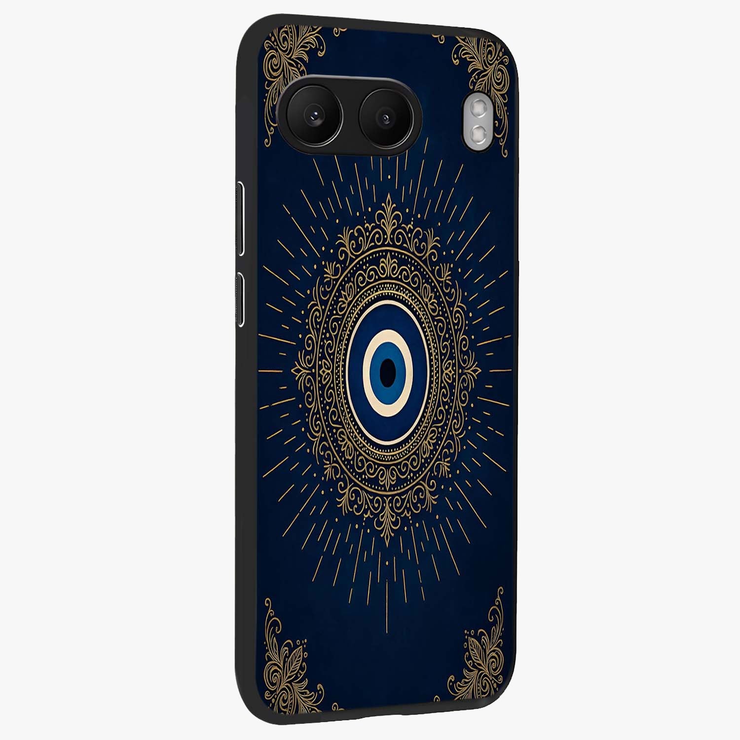 Golden Evil Eye Mandala Glass Case for 1+Nord 4 side perspective highlighting rich textures and sleek premium build