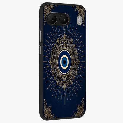 Golden Evil Eye Mandala Glass Case for 1+Nord 4 side perspective highlighting rich textures and sleek premium build