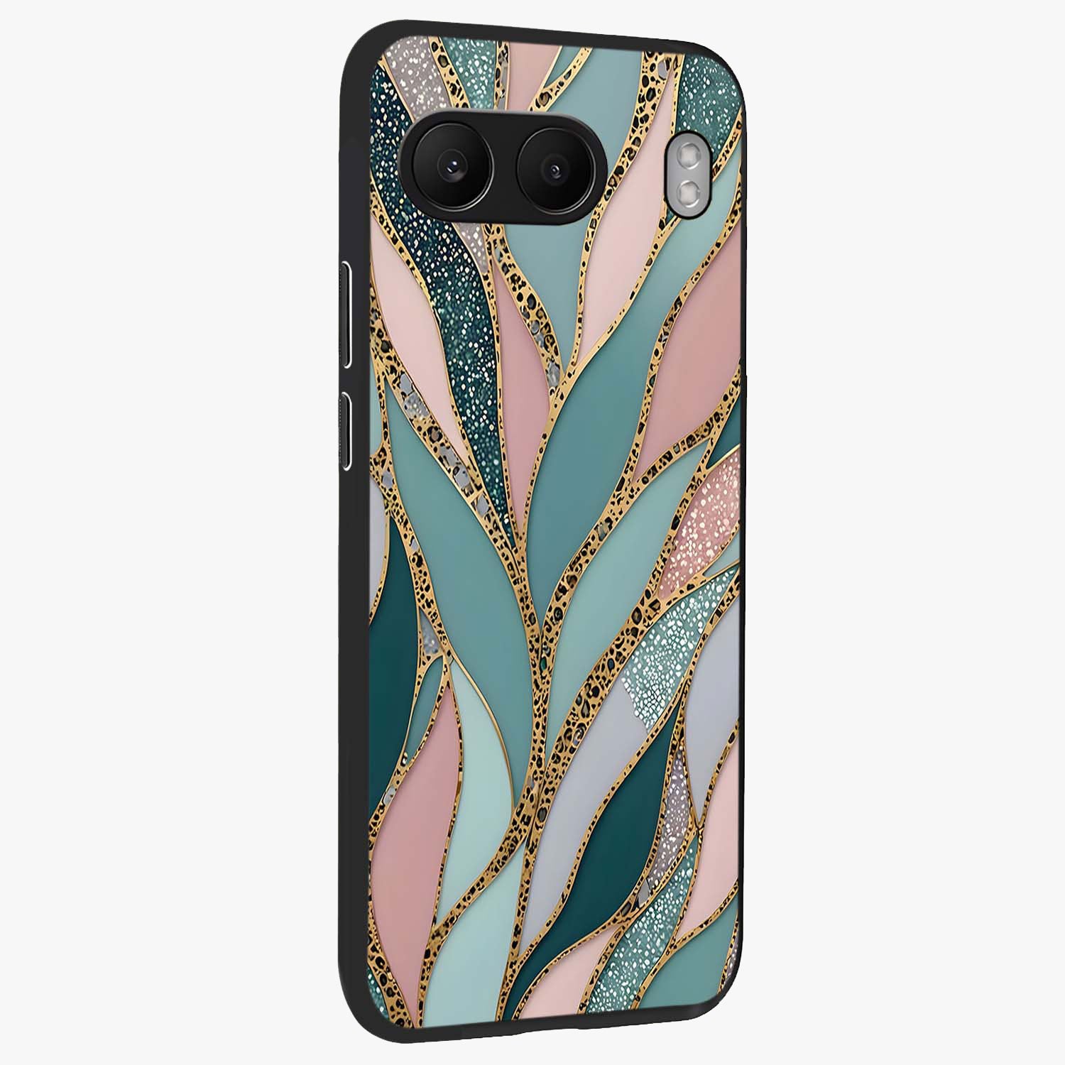 Golden Leaf Dreams Glass Case for 1+Nord 4 side perspective highlighting delicate leaf textures and smooth build