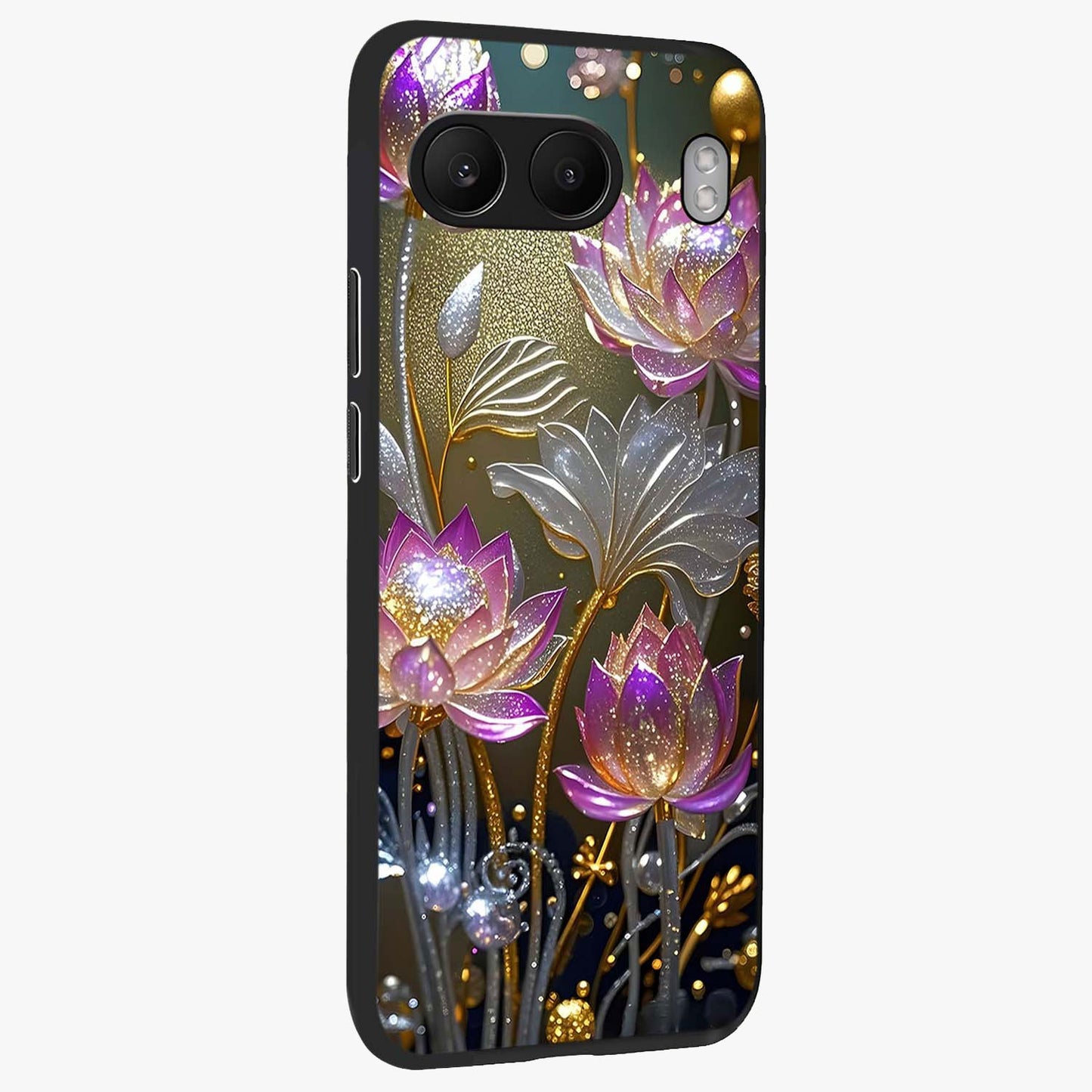 Golden Lotus Glow Glass Case for 1+Nord 4 side perspective highlighting intricate lotus detailing and premium edge finish