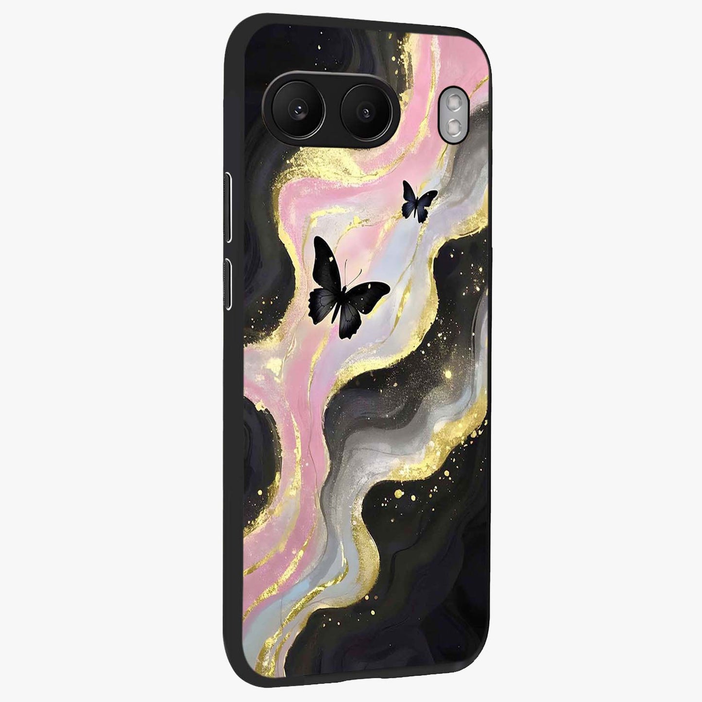 Golden Mist Butterflies Glass Case for 1+Nord 4 side perspective highlighting delicate wing textures and premium edges