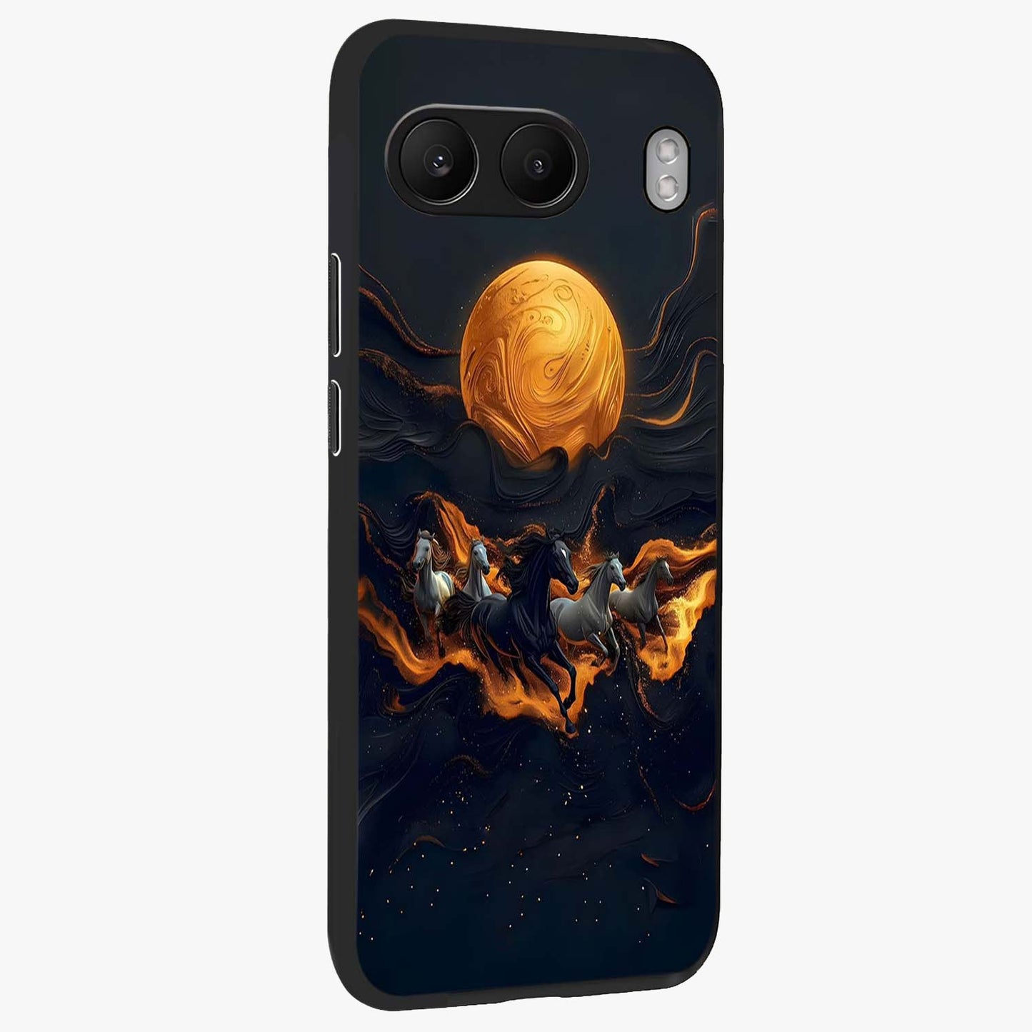 Golden Stallion Moonride Glass Case for 1+Nord 4 side perspective highlighting dynamic equestrian detailing and sleek build