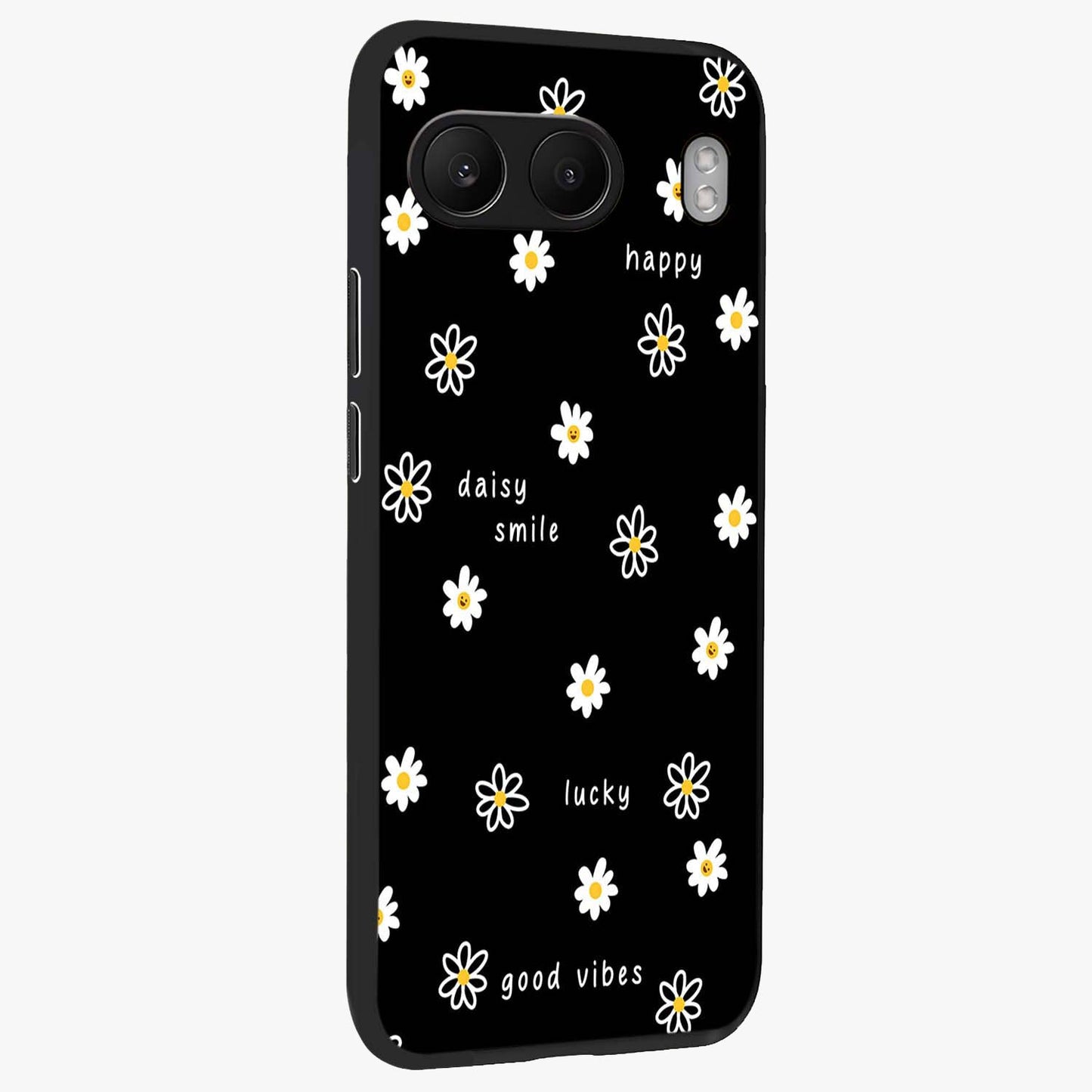 Good Vibes Daisy Black Pattern Glass Case for 1+Nord 4 side perspective highlighting playful daisy detailing and smooth edges