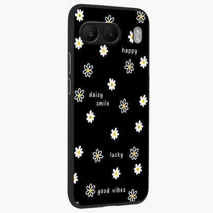 Good Vibes Daisy Black Pattern Glass Case for 1+Nord 4 side perspective highlighting playful daisy detailing and smooth edges