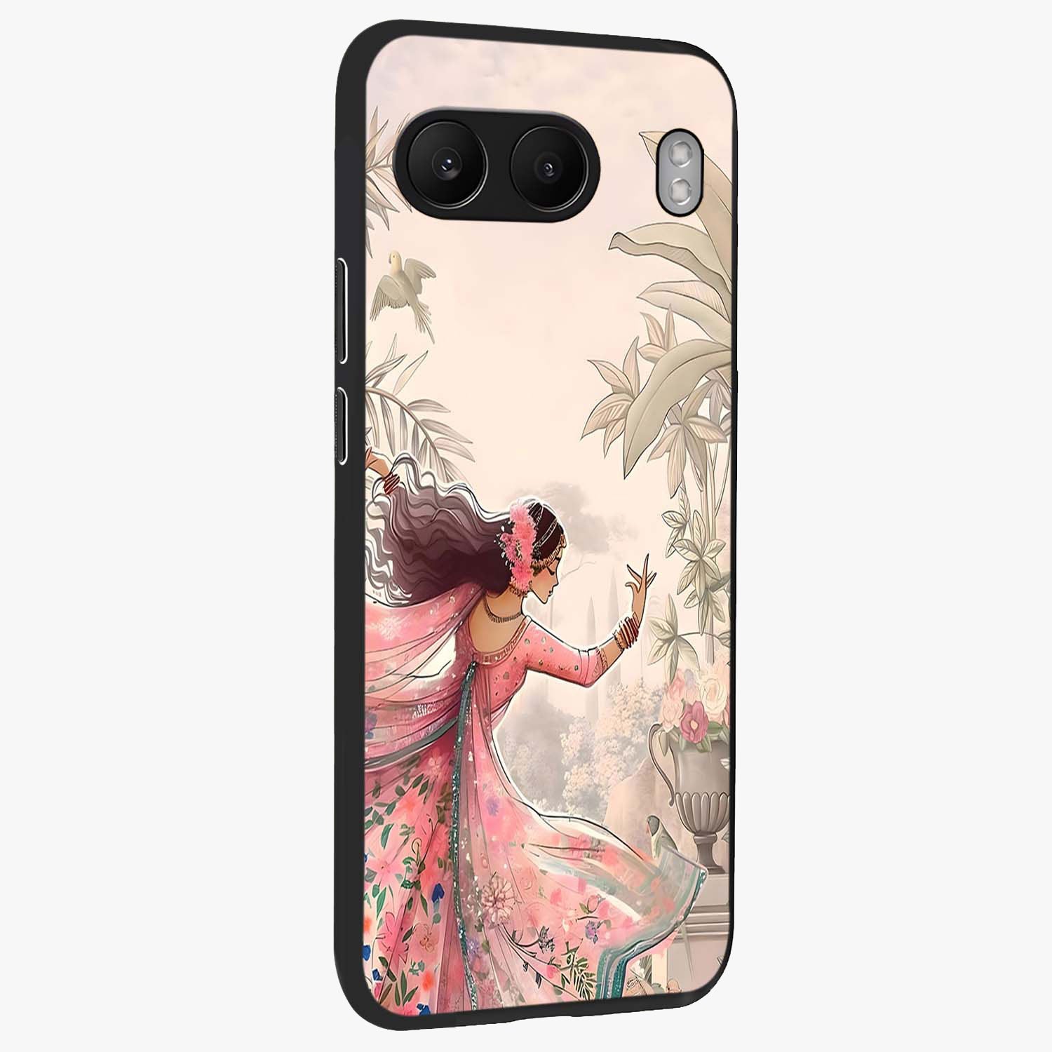 Graceful Garden Rhythm Glass Case for 1+Nord 4 side perspective highlighting refined floral textures and premium edges