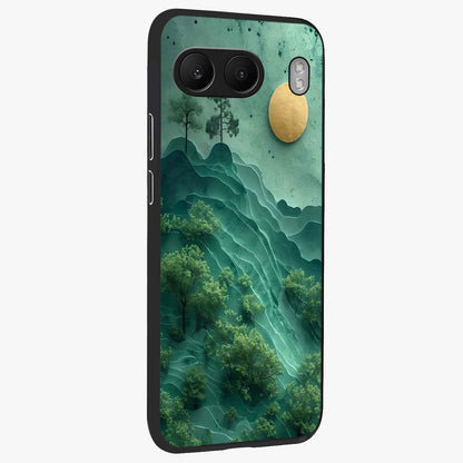 Green Hills With Sun Glass Case for 1+Nord 4 side perspective highlighting serene landscape textures and premium build