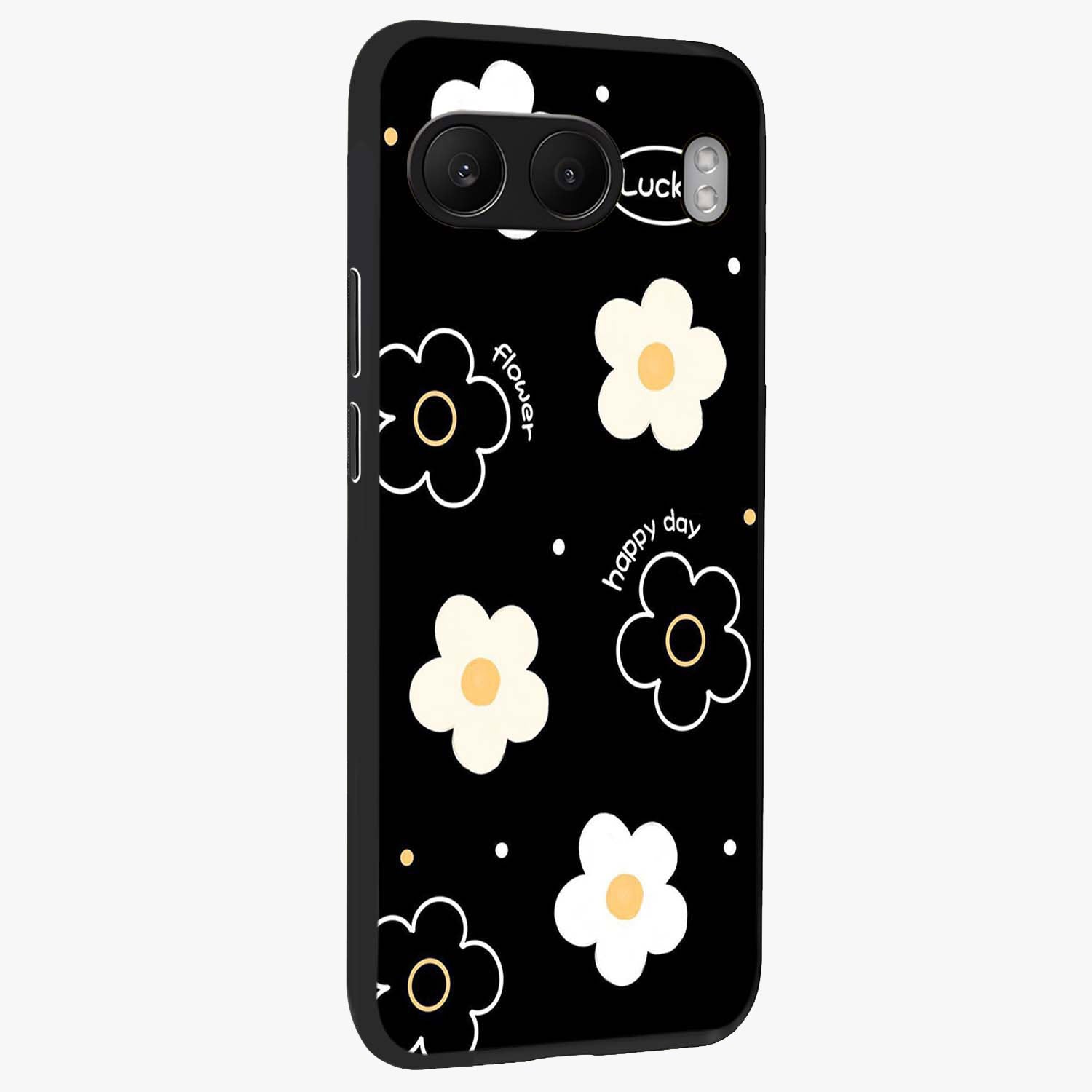 Happy Day Daisy Glass Case for 1+Nord 4 side perspective highlighting fresh floral textures and premium edges