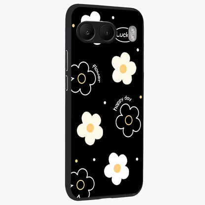 Happy Day Daisy Glass Case for 1+Nord 4 side perspective highlighting fresh floral textures and premium edges