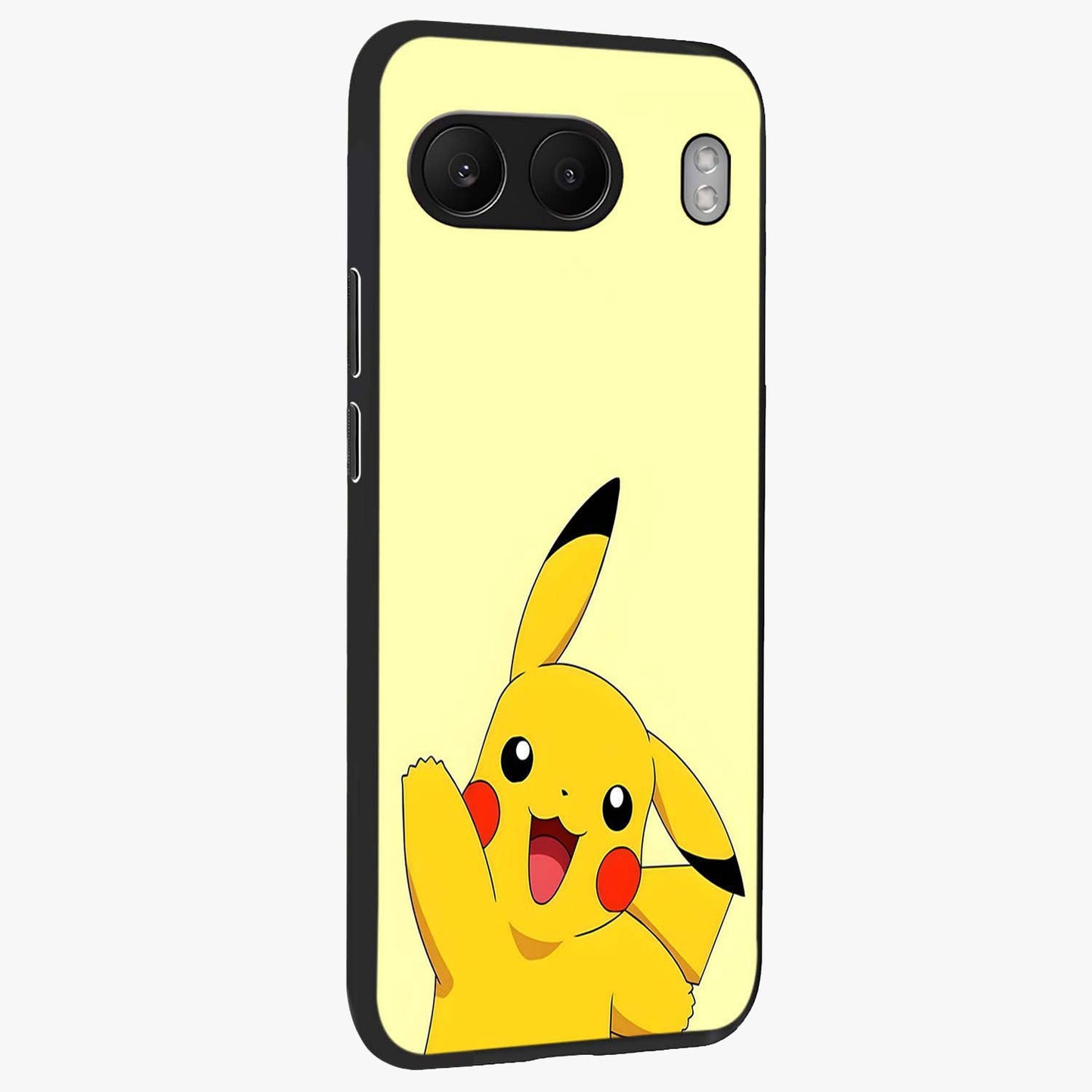 Happy Electric Pikachu Glass Case for 1+Nord 4 side perspective highlighting lively character detailing and sleek build