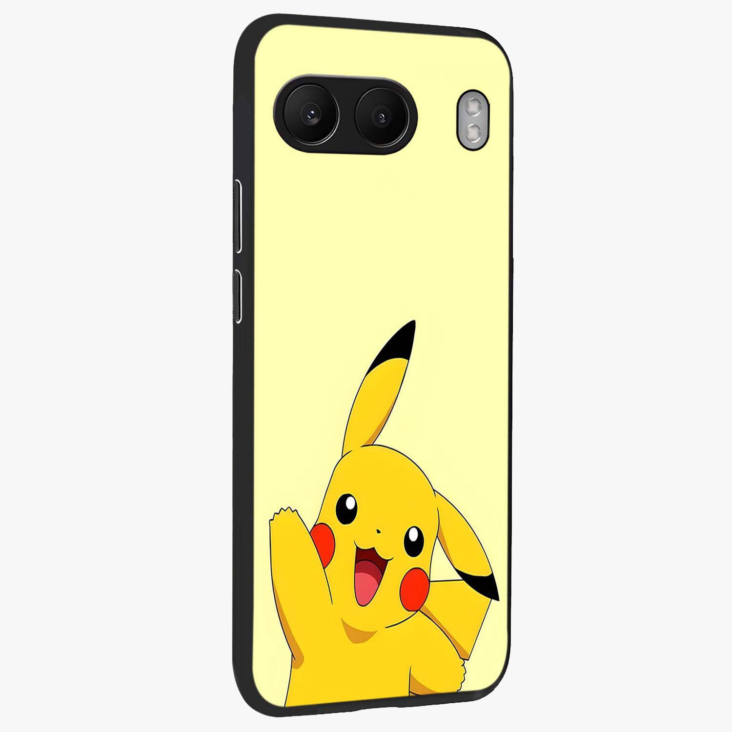 Happy Electric Pikachu Glass Case for 1+Nord 4 side perspective highlighting lively character detailing and sleek build
