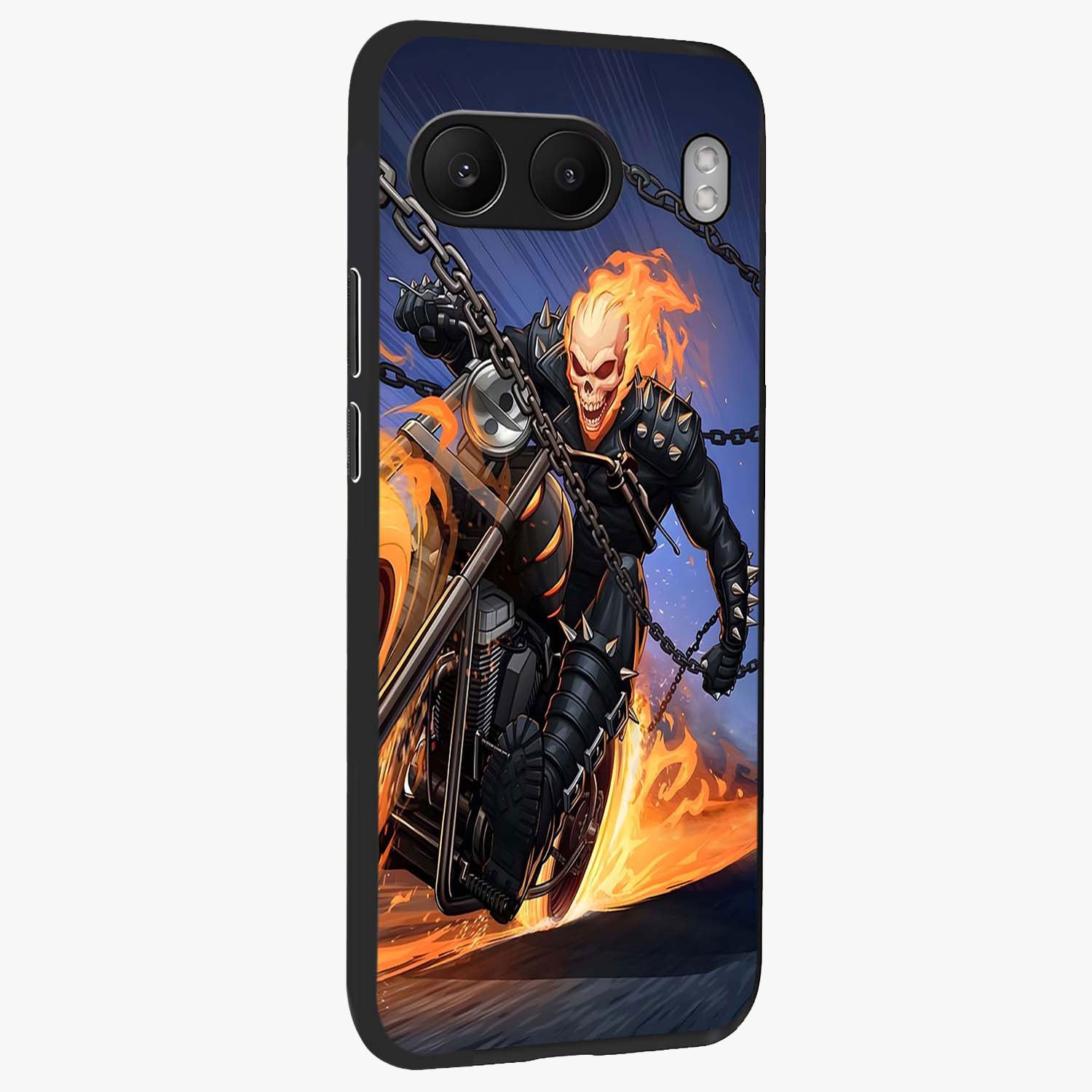 Inferno Chain Rider Glass Case for 1+Nord 4 displayed upright for bold action visibility and premium finish.