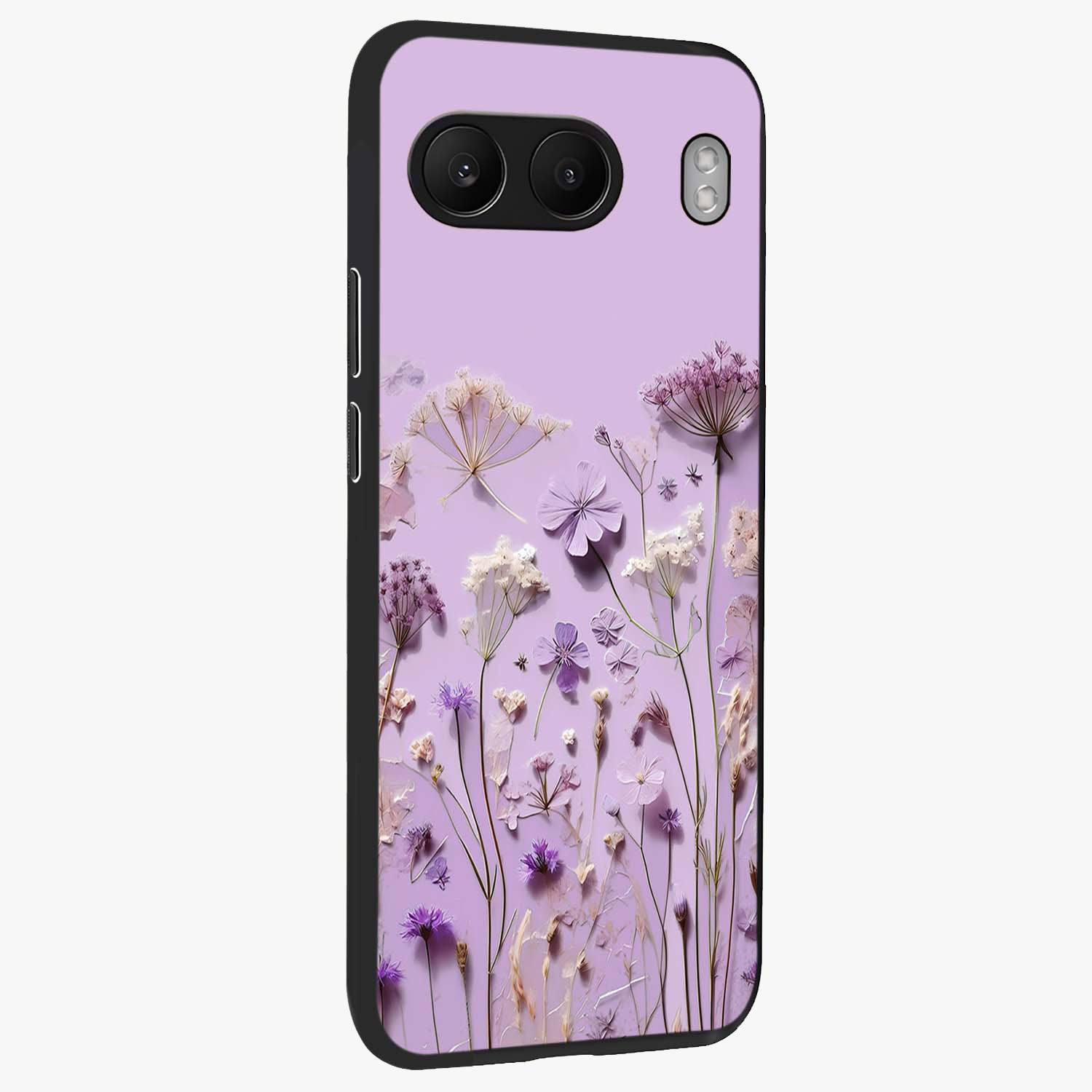 Lavender Blossom Dream Glass Case for 1+Nord 4 side perspective highlighting gentle bloom detailing and premium edges