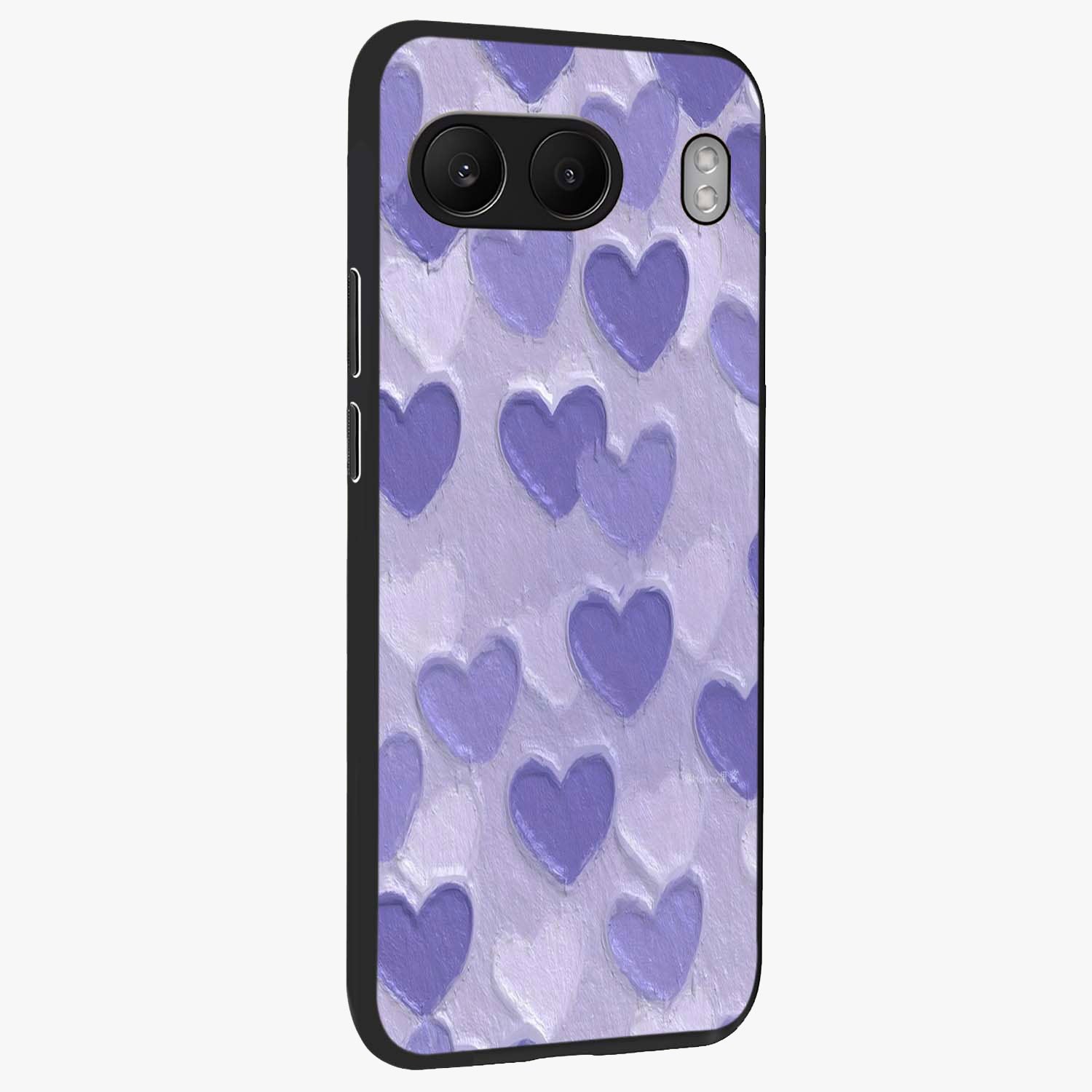 Lavender Paper Hearts Glass Case for 1+Nord 4 side perspective highlighting delicate heart textures and sleek build