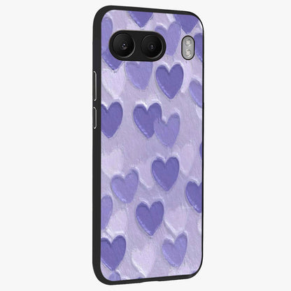 Lavender Paper Hearts Glass Case for 1+Nord 4 side perspective highlighting delicate heart textures and sleek build