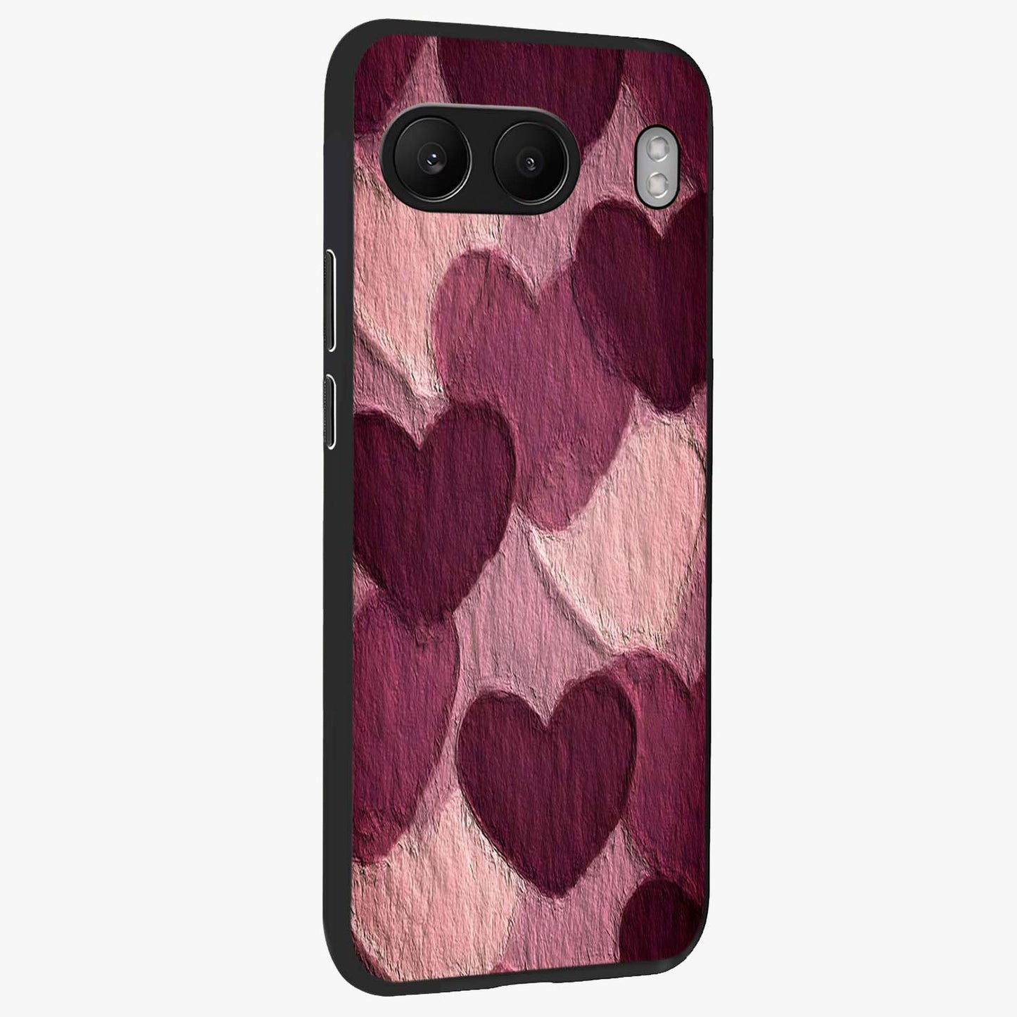 Layered Paper Hearts Glass Case for 1+Nord 4 side perspective highlighting layered texture detailing and premium edges