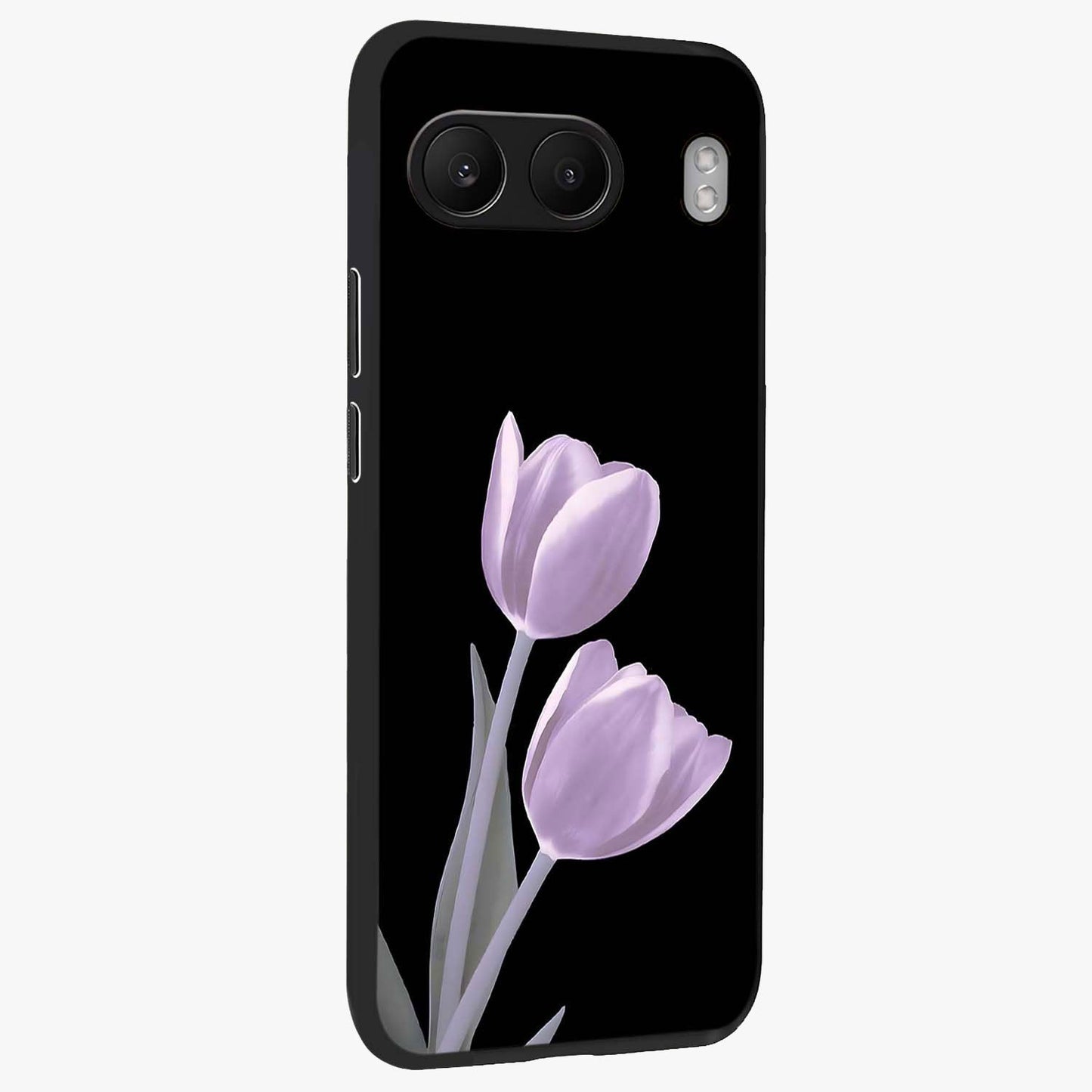 Lilac Tulip Flowers Glass Case for 1+Nord 4 side perspective highlighting refined floral textures and premium edges