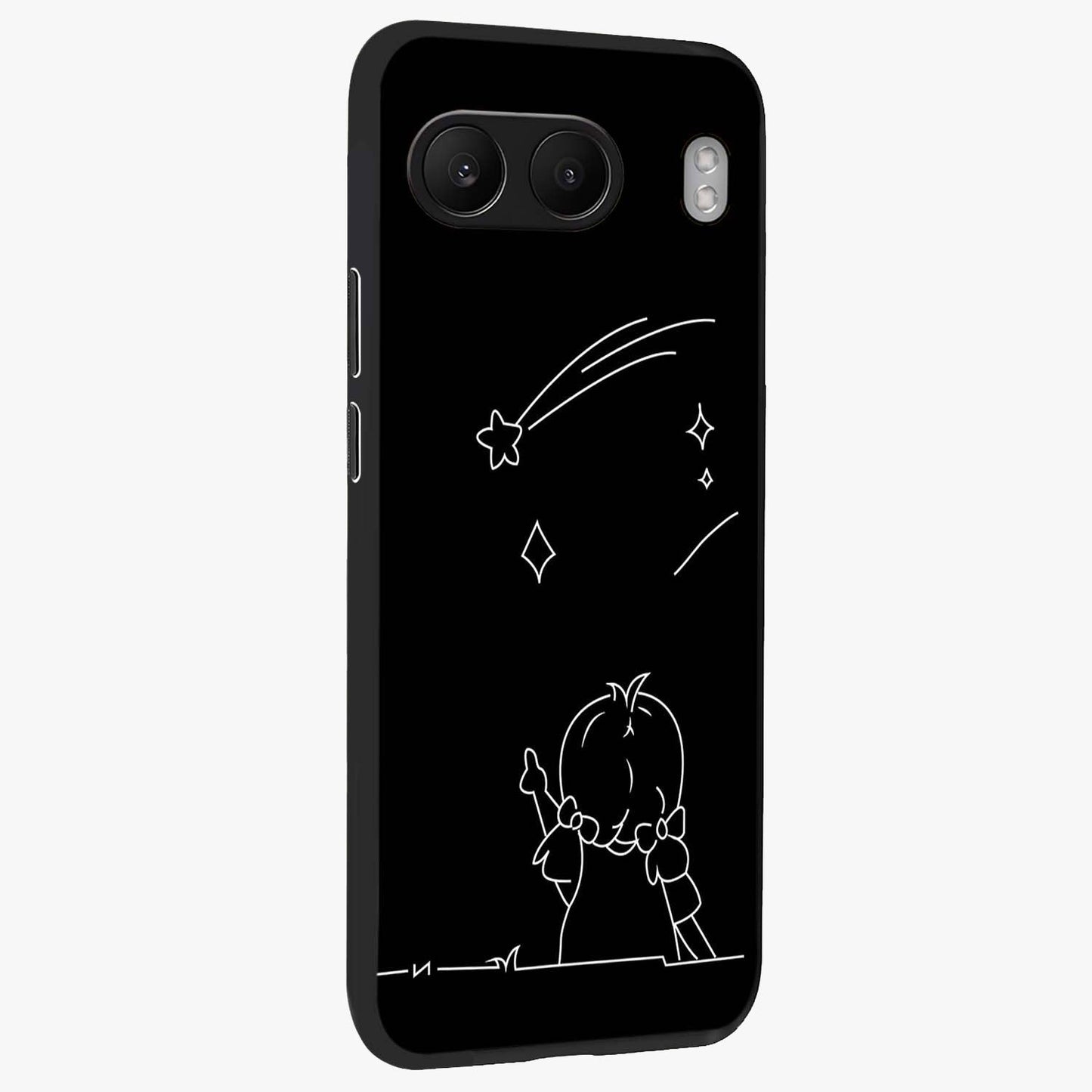 Line Art Girl With Shooting Stars Glass Case for 1+Nord 4 side perspective highlighting subtle star textures and premium build