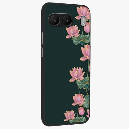 Lotus Bloom Serenity Glass Case for 1+Nord 4 side perspective highlighting delicate petal textures and premium edges