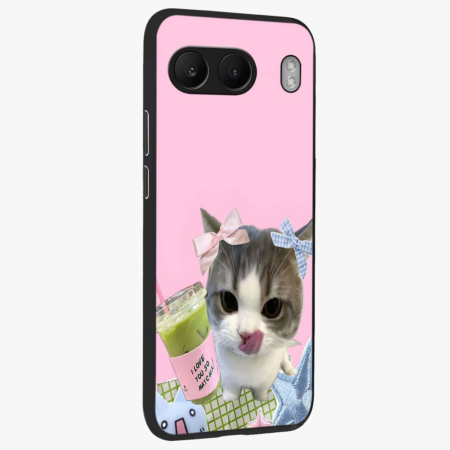 Love Matcha Cat Glass Case for 1+Nord 4 side perspective highlighting charming feline textures and smooth edges