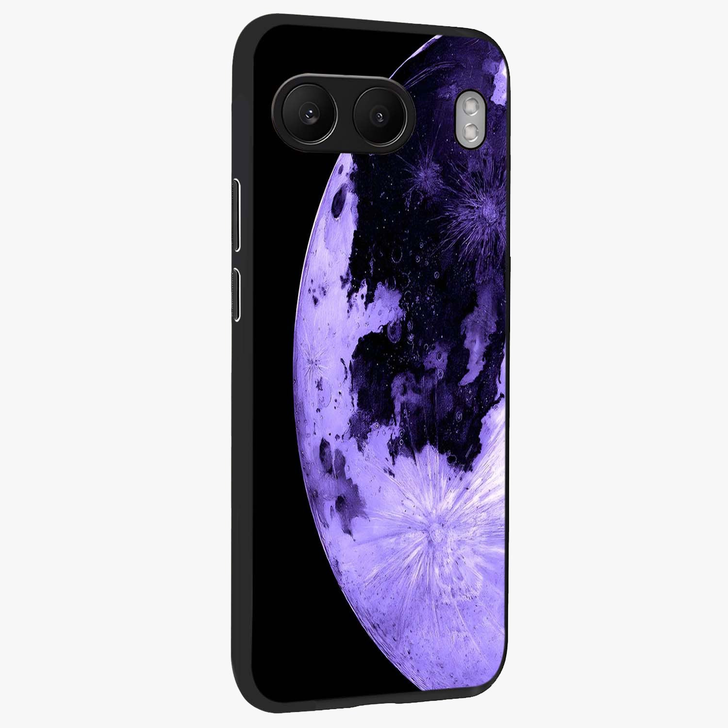Lunar Glow in Violet Glass Case for 1+Nord 4 side perspective highlighting celestial detailing and smooth build