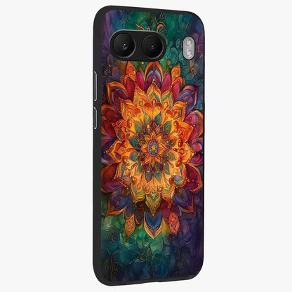 Mandala Vibrants Glass Case for 1+Nord 4 side perspective highlighting vibrant ornamental textures and premium edges