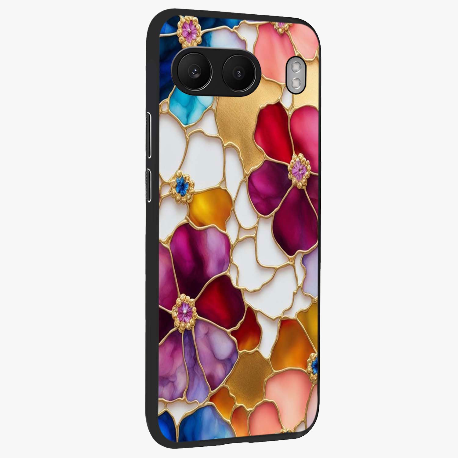 Marble Flower Pattern Glass Case for 1+Nord 4 side perspective highlighting elegant marble textures and sleek build
